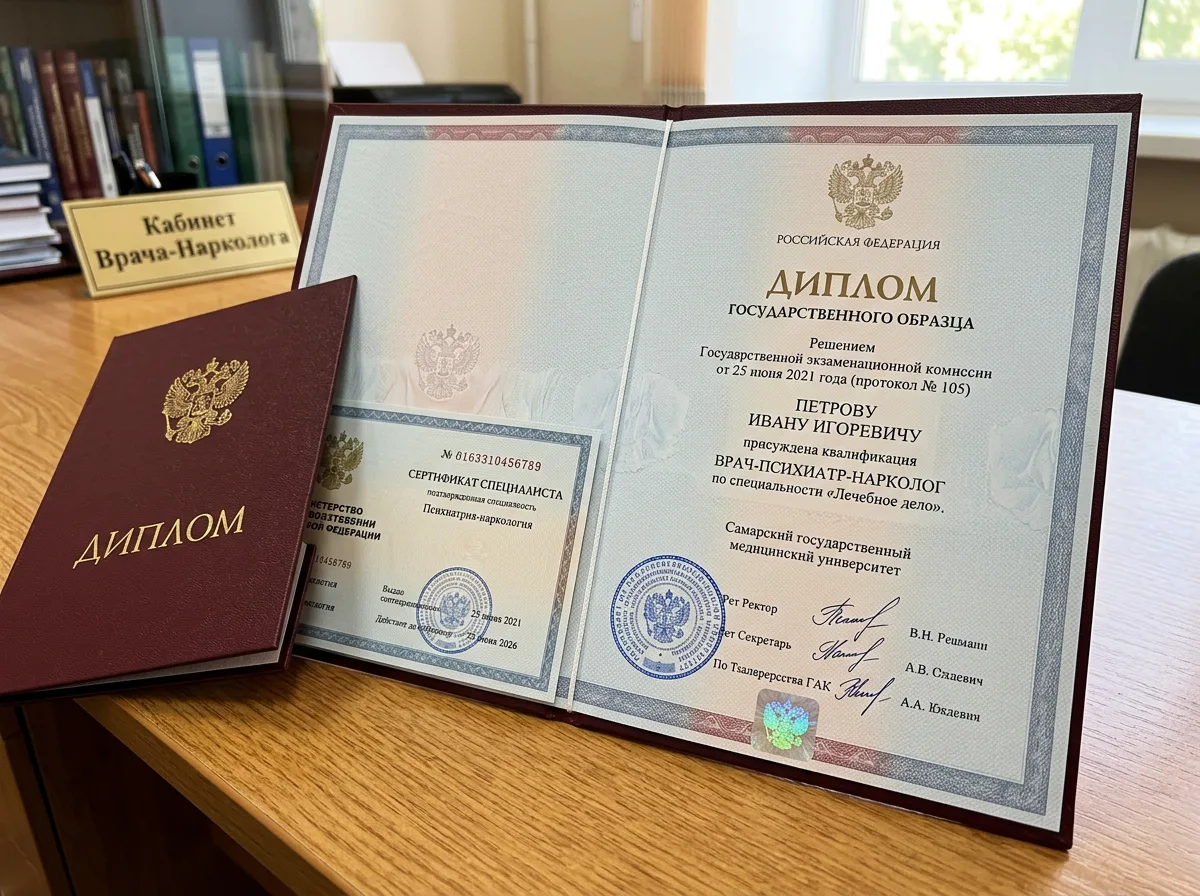 Диплом врача-нарколога психиатра-нарколога, медицинское образование государственного образца, Самарский государственный медицинский университет, официальный документ