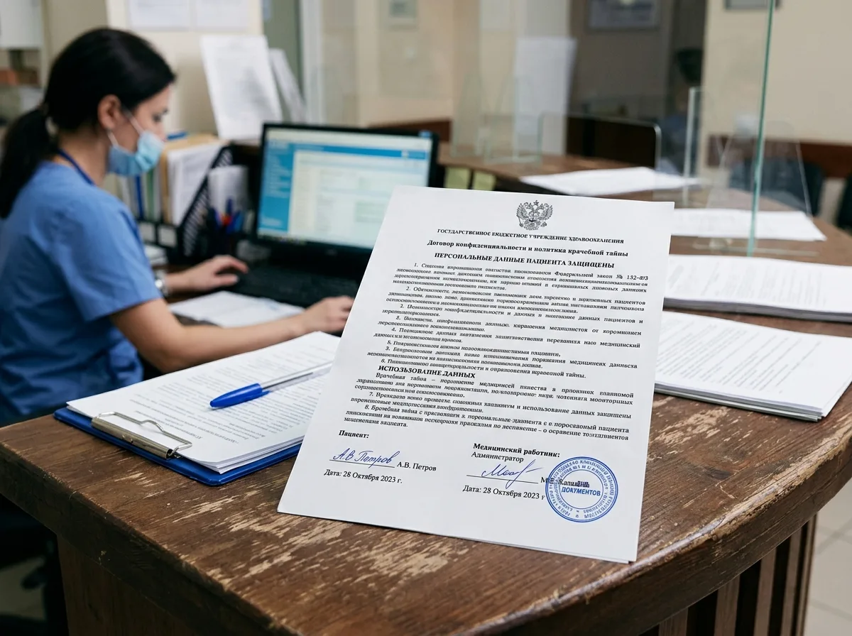 Договор конфиденциальности и политика врачебной тайны, официальный медицинский документ с подписями и печатью, защита персональных данных пациента