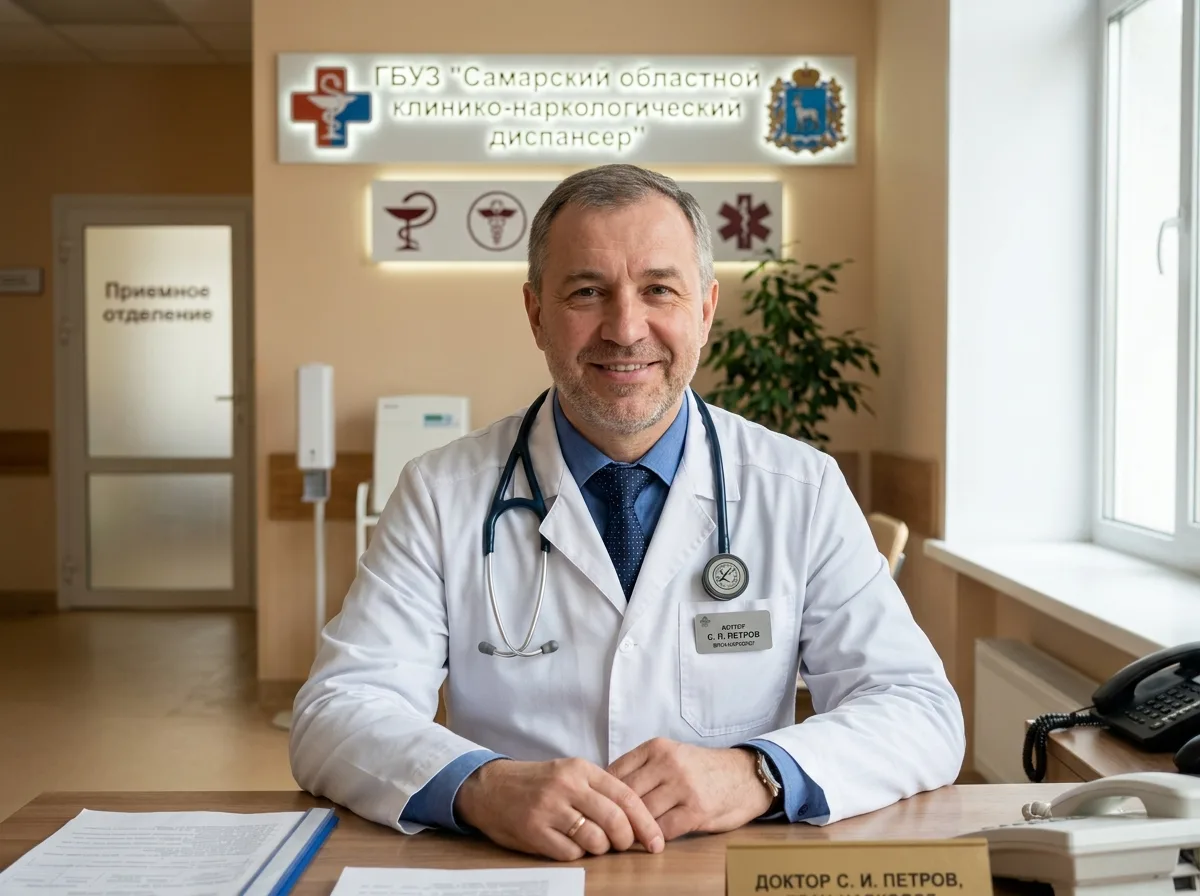 Портрет врача-нарколога мужчина с медицинским стетоскопом, профессиональная фотосессия, белый халат, Самара наркологическая клиника, нейтральный фон